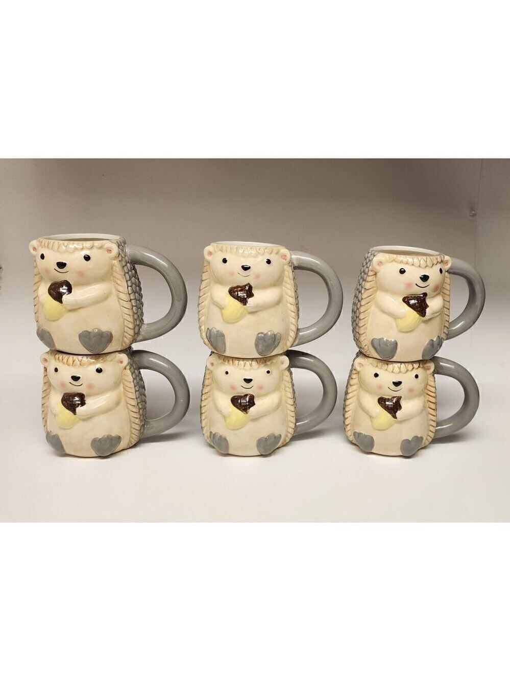 3D Porcupine 6 Coffee Mugs 16 oz /Tea Cup Hand Painted Gray Beige Stoneware New